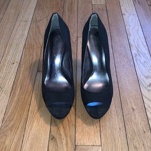 Black suede Candie’s size 8, 4 inch heel with peep toe